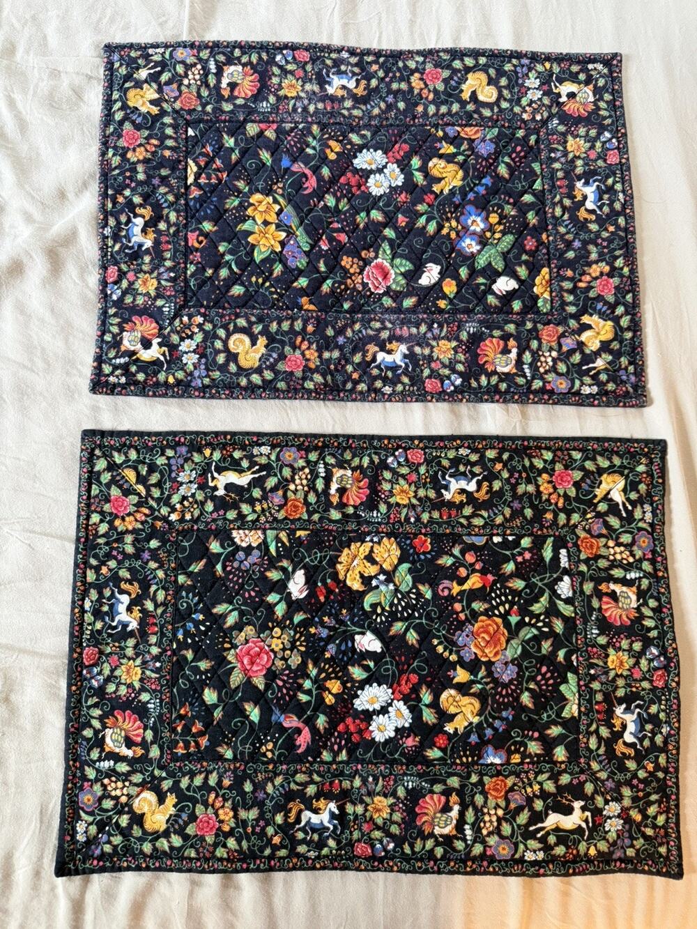 Vintage Handmade Set of 2 Quilted Placemats Whimsical Mythical Fable Woodland